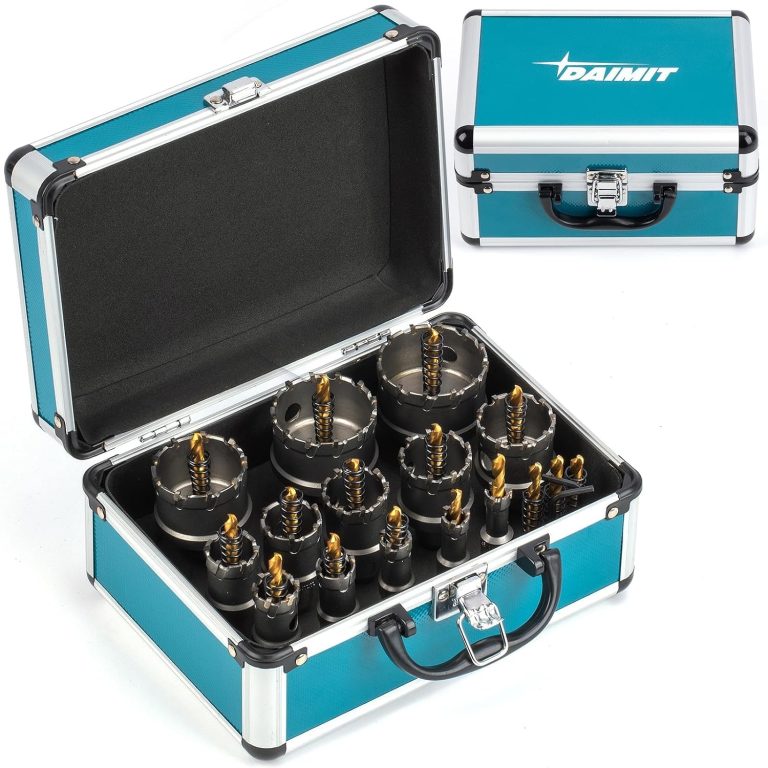 DAIMIT Kit de scies trépans TCT 19 PCS, 14-60 mm Scies trépans en carbure de tungstène robustes pour métal, acier inoxydable, fer, bois et plastique, avec 3 forets pilotes démontables et 3 clés Allen